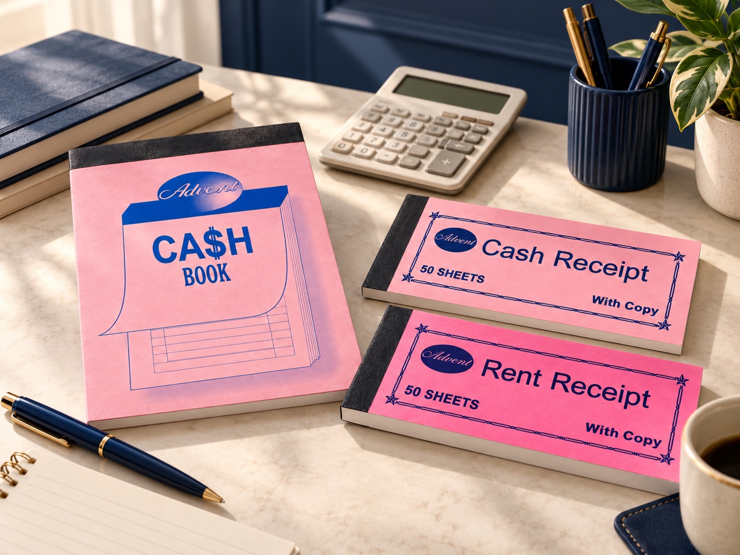 Advent record and receipt books on a business desk