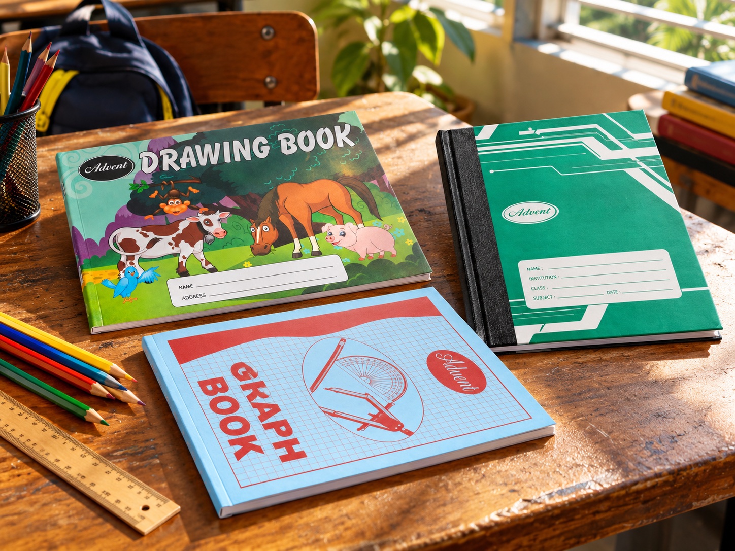 Advent school books on a classroom desk